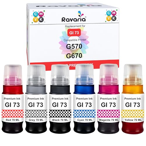 Ravaria GI 73 Compatible Refill Ink for Canon Pixma G570 / G670 Printer - (70ml x C/M/Y/Bk/R/GR) (GI 73 Ink Full Set (6 Color)) - Image 1