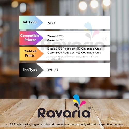 Ravaria GI 73 Compatible Refill Ink for Canon Pixma G570 / G670 Printer - (70ml x C/M/Y/Bk/R/GR) (GI 73 Ink Full Set (6 Color)) - Image 2
