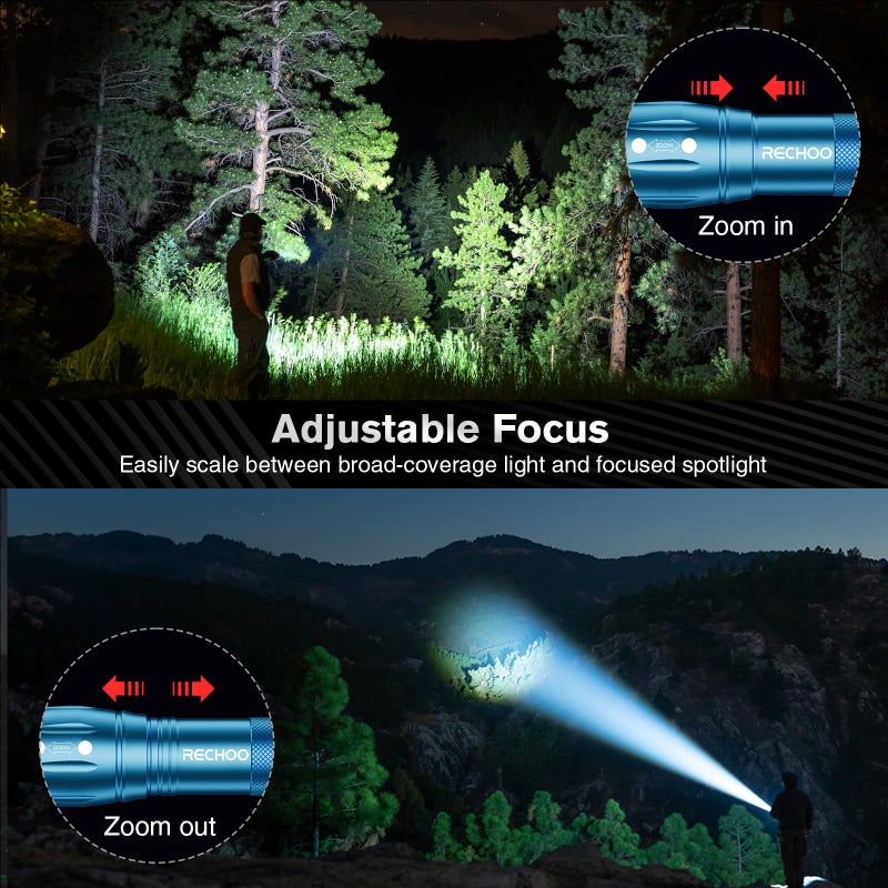 RECHOO LED Flashlight 2 Pack Blue, Tactical Flashlights High Lumens with 3 Modes, Pocket Small Flash Light, Waterproof Zoomable Flashlights for Home Emergency, Camping Essentials (Battery Included) - Image 3