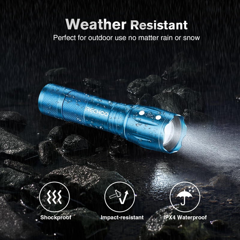 RECHOO LED Flashlight 2 Pack Blue, Tactical Flashlights High Lumens with 3 Modes, Pocket Small Flash Light, Waterproof Zoomable Flashlights for Home Emergency, Camping Essentials (Battery Included) - Image 4