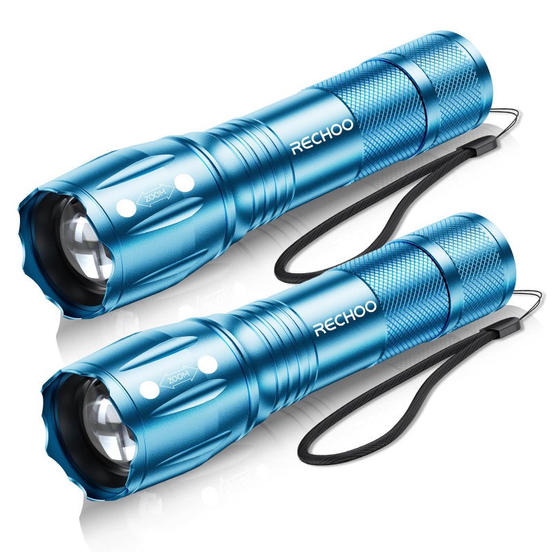 RECHOO LED Flashlight 2 Pack Blue, Tactical Flashlights High Lumens with 3 Modes, Pocket Small Flash Light, Waterproof Zoomable Flashlights for Home Emergency, Camping Essentials (Battery Included) - Image 1