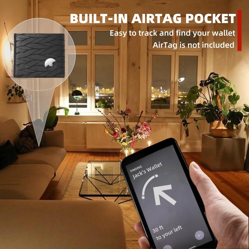 BULLCAPTAIN Slim Genuine Leather Mens Wallets with 2 ID Windows 10 Credit Card Slots Bifold RFID Blocking Wallets for Men With AirTag Holder and Chain T01 (Black) - Image 3