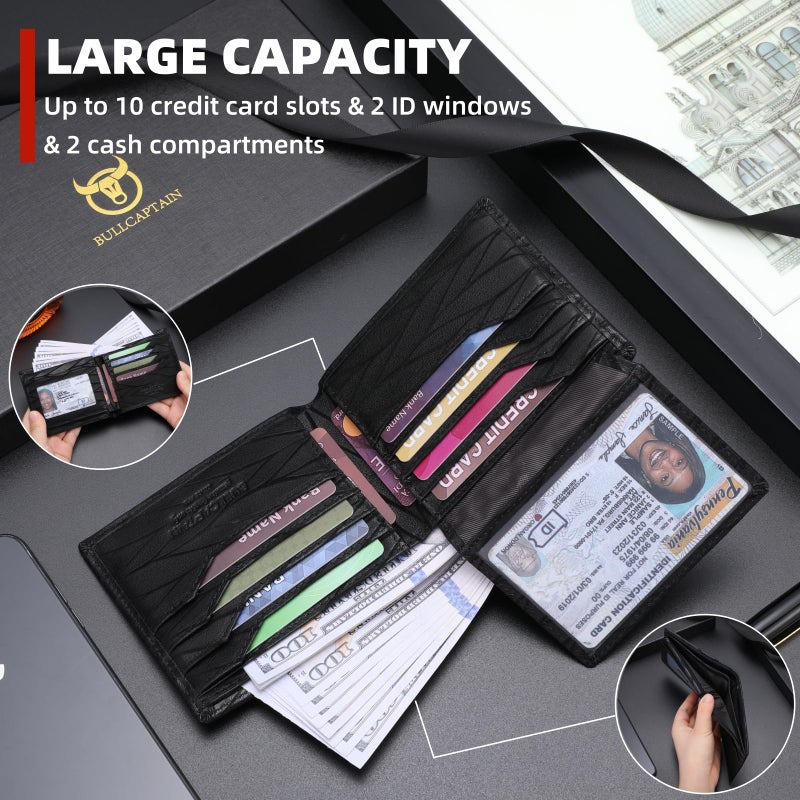 BULLCAPTAIN Slim Genuine Leather Mens Wallets with 2 ID Windows 10 Credit Card Slots Bifold RFID Blocking Wallets for Men With AirTag Holder and Chain T01 (Black) - Image 5