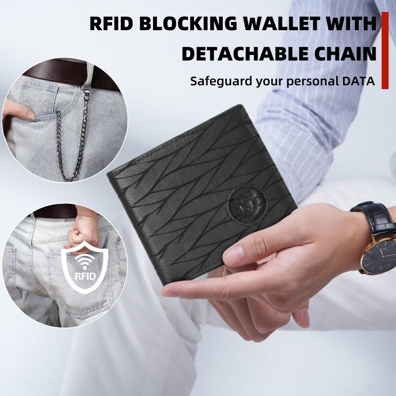 BULLCAPTAIN Slim Genuine Leather Mens Wallets with 2 ID Windows 10 Credit Card Slots Bifold RFID Blocking Wallets for Men With AirTag Holder and Chain T01 (Black) - Image 4