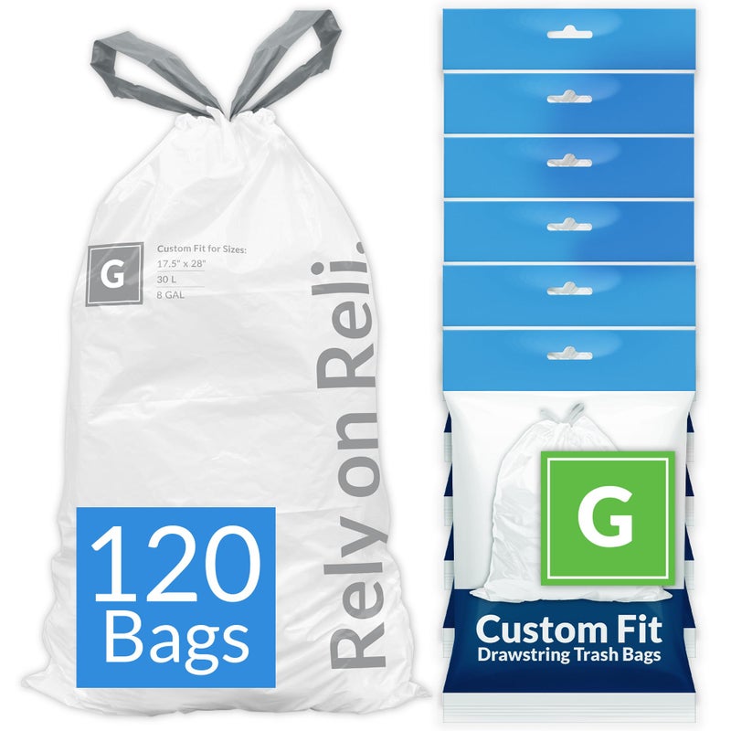 Reli. Custom Fit G Trash Bags (120 Count) Fits Simplehuman Code G Bags 30 L  8 Gal | Drawstring Trashbag | White 8 Gallon Trashbag Drawstring | 17.5x28"" (6 Packs) 1.2 Mil - Image 1
