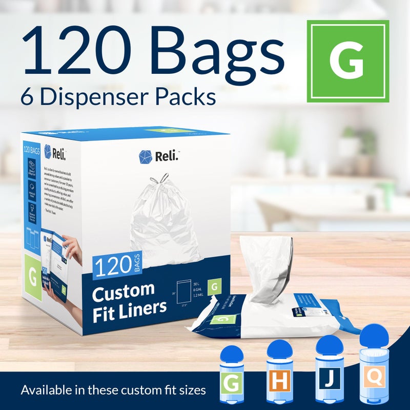 Reli. Custom Fit G Trash Bags (120 Count) Fits Simplehuman Code G Bags 30 L  8 Gal | Drawstring Trashbag | White 8 Gallon Trashbag Drawstring | 17.5x28"" (6 Packs) 1.2 Mil - Image 2