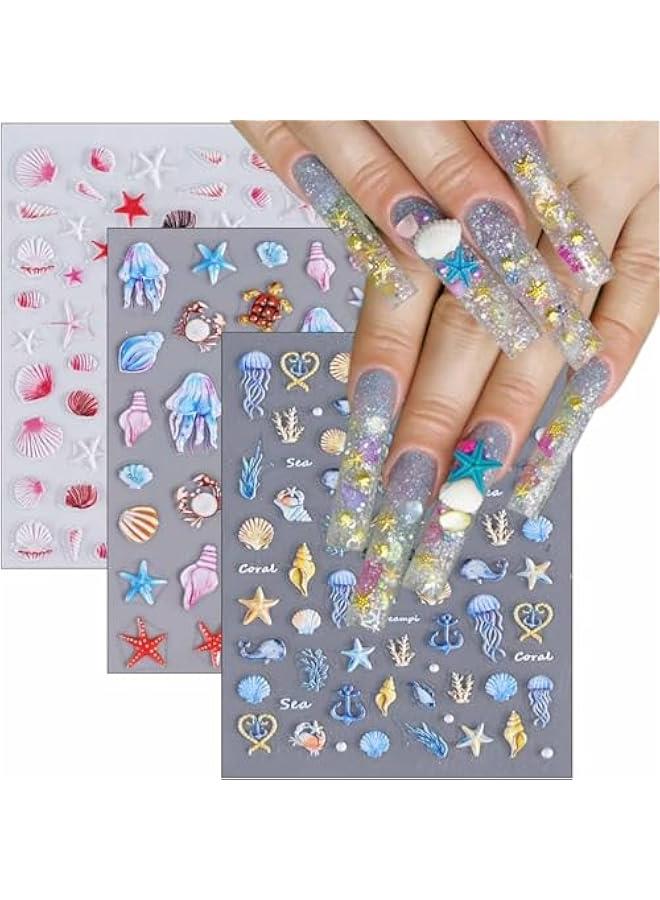 Beauenty Summer Ocean Starfish Nail Stickers, 5D Embossed Self-Adhesive Shell Nail Stickers, Sea Creature Nail Design Stickers, For Nail Decoration - Image 1