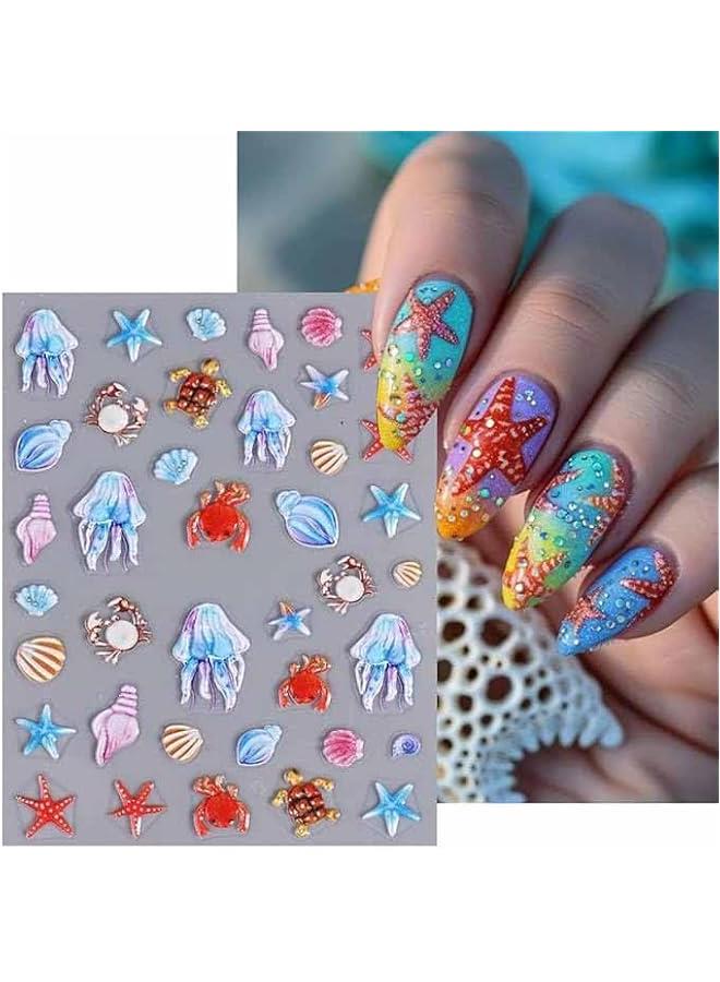 Beauenty Summer Ocean Starfish Nail Stickers, 5D Embossed Self-Adhesive Shell Nail Stickers, Sea Creature Nail Design Stickers, For Nail Decoration - Image 2