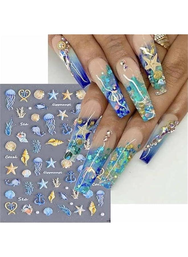 Beauenty Summer Ocean Starfish Nail Stickers, 5D Embossed Self-Adhesive Shell Nail Stickers, Sea Creature Nail Design Stickers, For Nail Decoration - Image 3