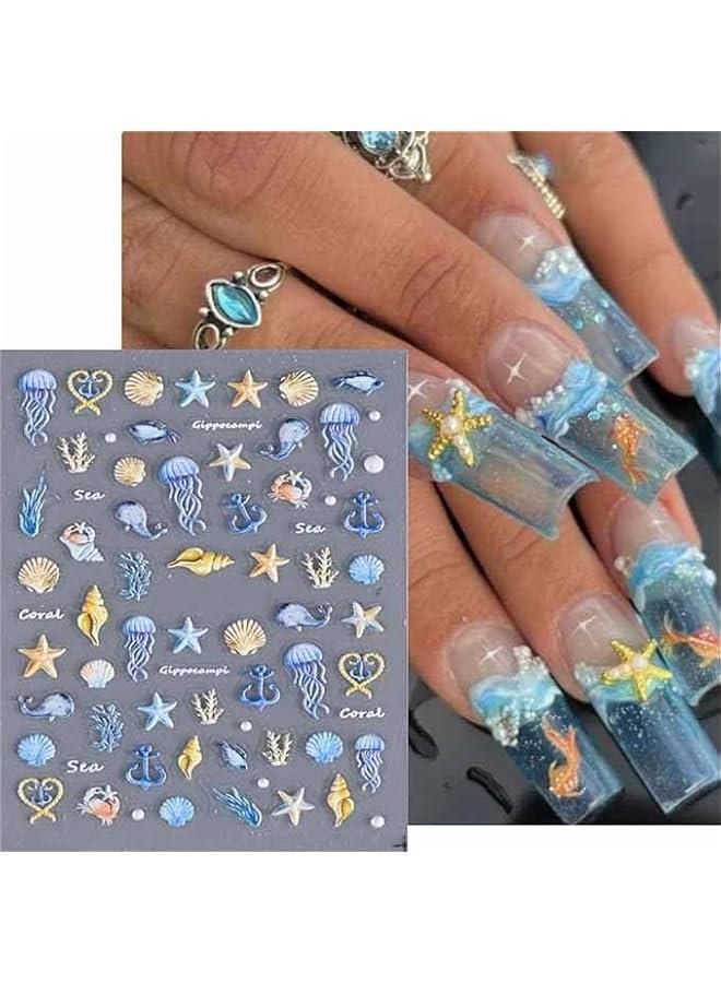 Beauenty Summer Ocean Starfish Nail Stickers, 5D Embossed Self-Adhesive Shell Nail Stickers, Sea Creature Nail Design Stickers, For Nail Decoration - Image 4