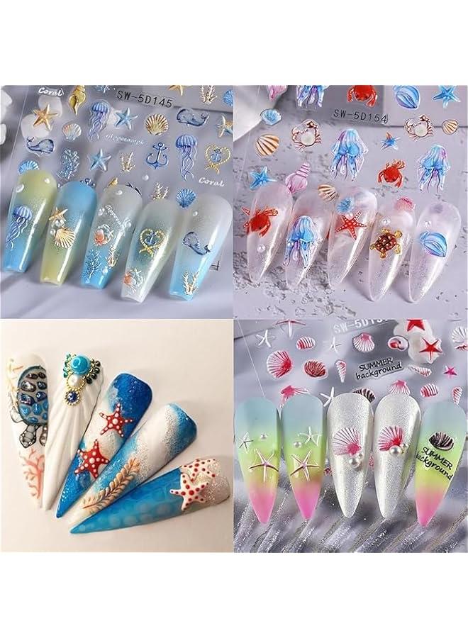 Beauenty Summer Ocean Starfish Nail Stickers, 5D Embossed Self-Adhesive Shell Nail Stickers, Sea Creature Nail Design Stickers, For Nail Decoration - Image 5