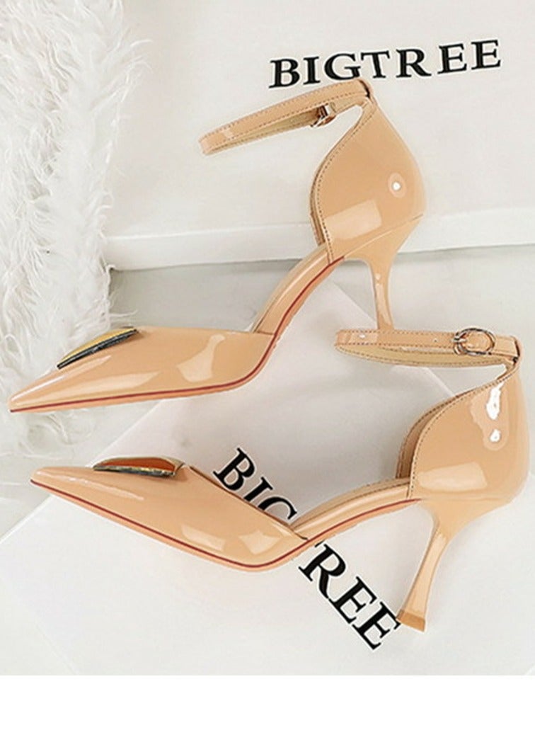 بيج تري المرأة براءة اختراع مضخات الجلد مغلقة إصبع القدم الكعب العالي مع أحزمة الكاحل بيج 8CM - Image 2