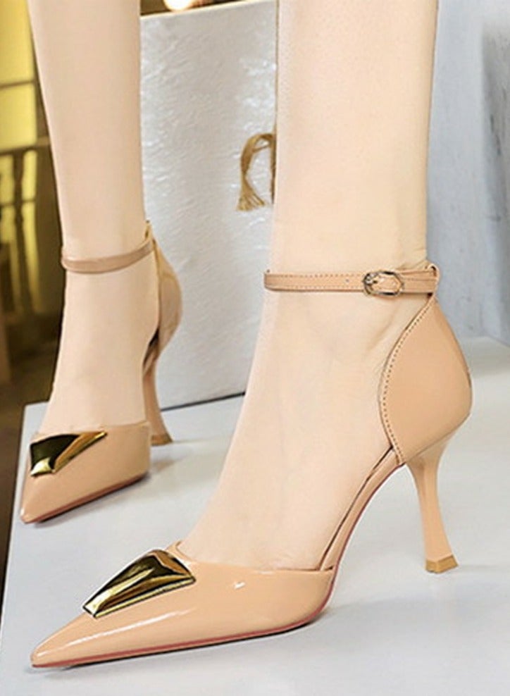 بيج تري المرأة براءة اختراع مضخات الجلد مغلقة إصبع القدم الكعب العالي مع أحزمة الكاحل بيج 8CM - Image 3