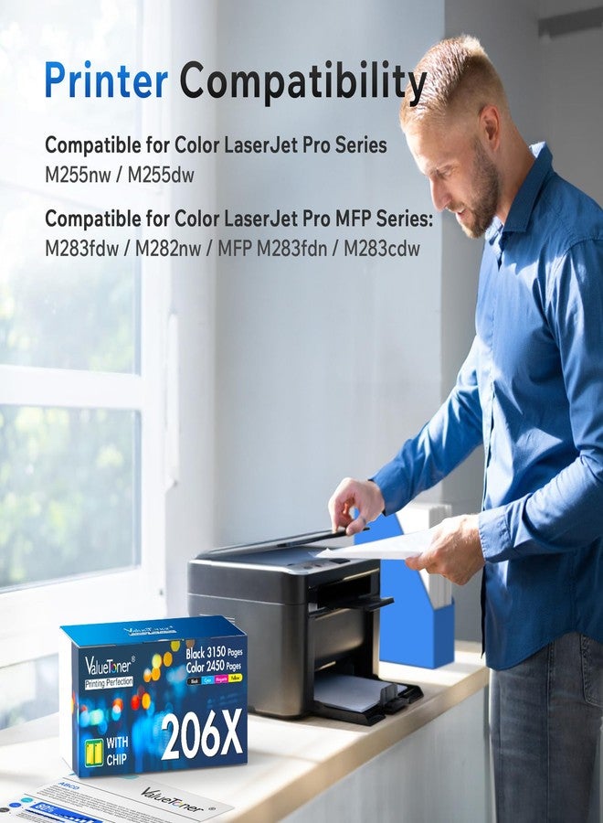 Valuetoner خراطيش حبر 206X عبوة من 4 خراطيش عالية الإنتاجية: متوافقة مع طابعات HP 206X و206A متعددة الوظائف MFP M283fdw، وتعمل مع طابعات HP Color LaserJet Pro MFP M283fdw وM283cdw وM283fdn وM282nw وM255dw (أسود، سماوي، أرجواني، أصفر) - Image 2