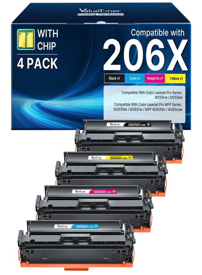 Valuetoner خراطيش حبر 206X عبوة من 4 خراطيش عالية الإنتاجية: متوافقة مع طابعات HP 206X و206A متعددة الوظائف MFP M283fdw، وتعمل مع طابعات HP Color LaserJet Pro MFP M283fdw وM283cdw وM283fdn وM282nw وM255dw (أسود، سماوي، أرجواني، أصفر) - Image 1