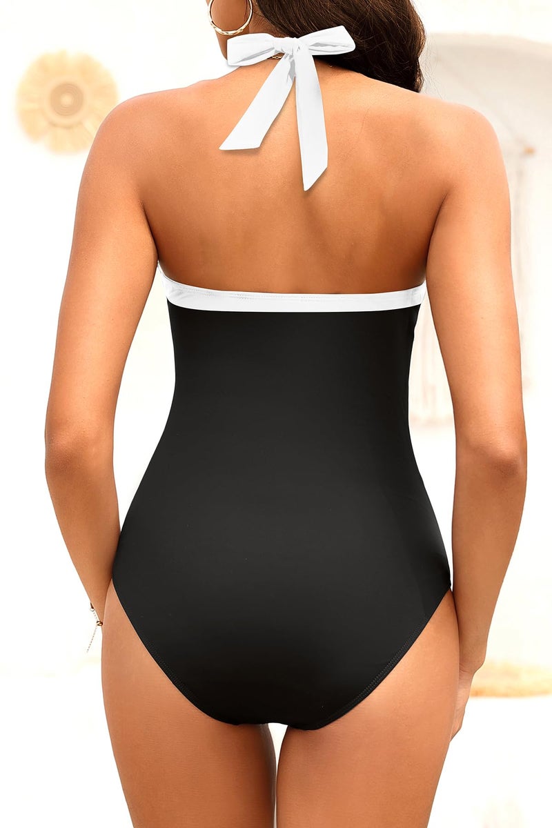 Daci Women's Black and White Tummy Control One Piece Swimsuit - Slimming Retro Bathing Suit Halter Swimwear 2026 M - Image 2
