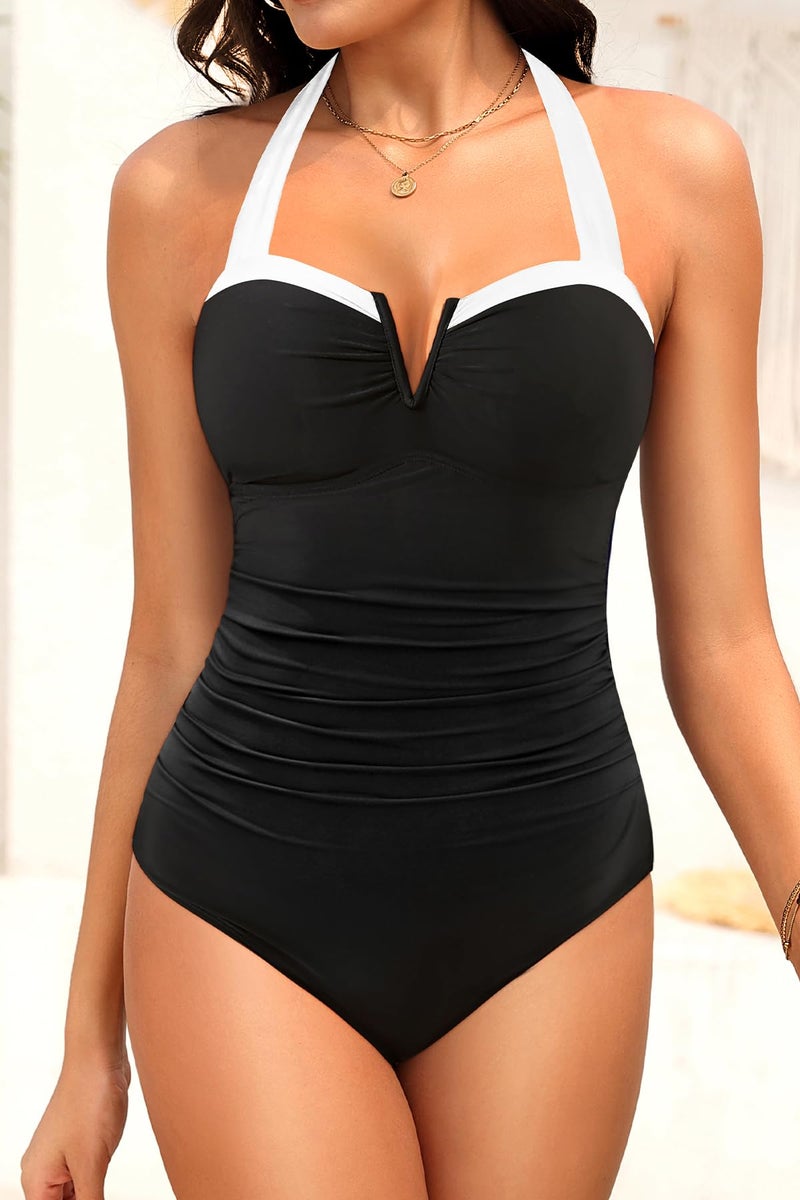 Daci Women's Black and White Tummy Control One Piece Swimsuit - Slimming Retro Bathing Suit Halter Swimwear 2026 M - Image 4