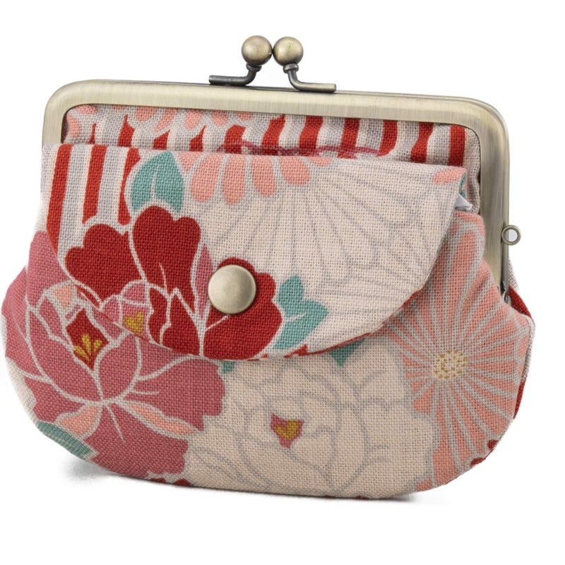 noren Vintage Floral Kiss Lock Coin Change Wallet Purses (Retro Flower - Red) / Made in Japan Pouch for Women - Image 1