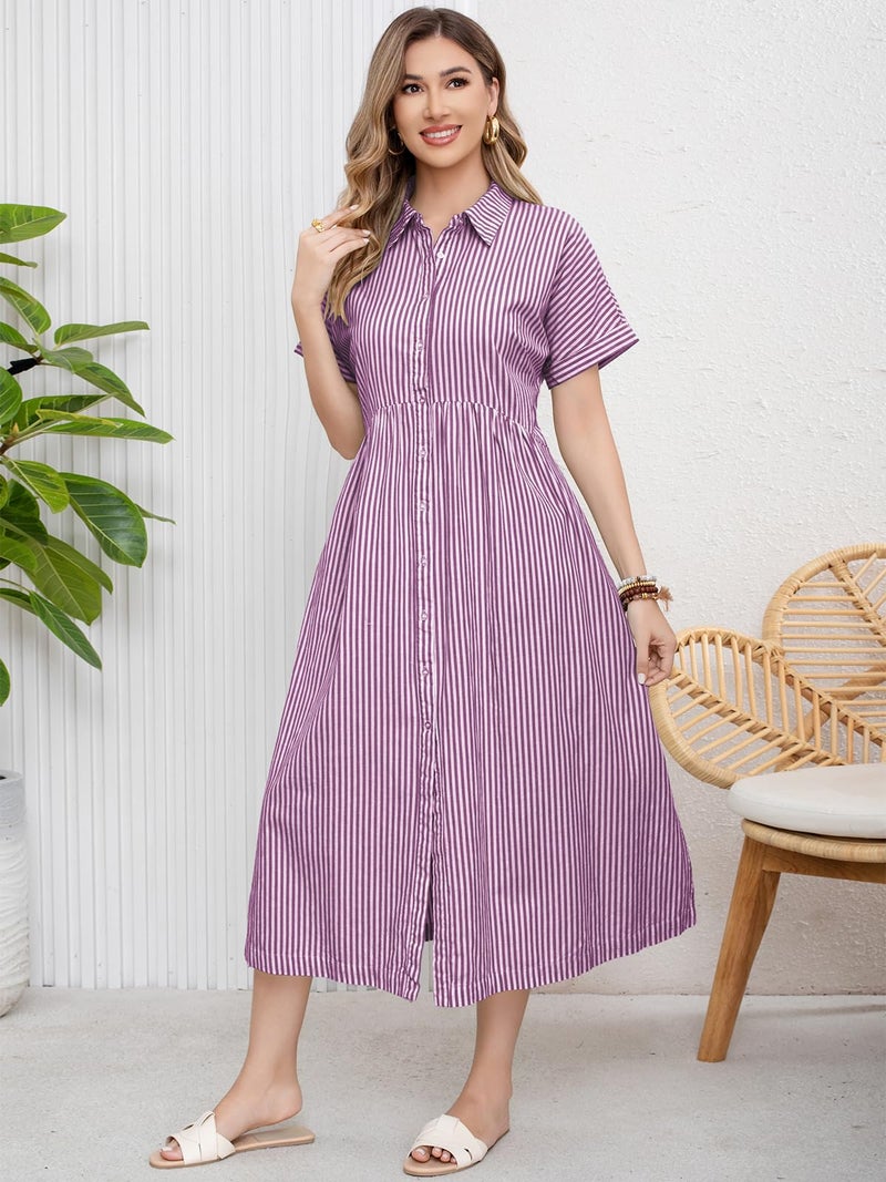 ebossy Women's Boho Striped Shirt Dress Button Up Side Slit Loose Mid Long Cotton Dress with Pockets (M, Purple) - Image 2