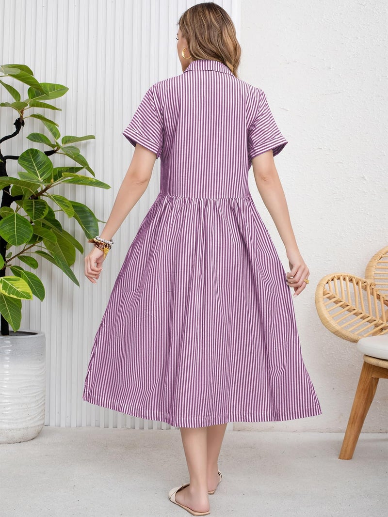ebossy Women's Boho Striped Shirt Dress Button Up Side Slit Loose Mid Long Cotton Dress with Pockets (M, Purple) - Image 5