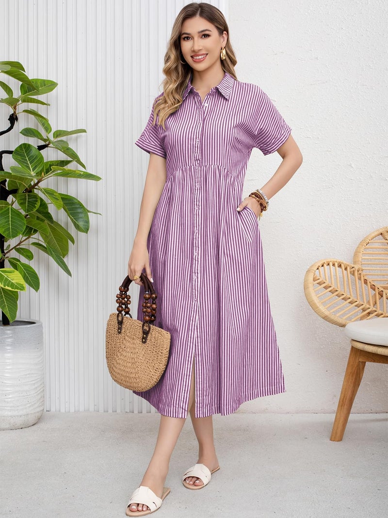 ebossy Women's Boho Striped Shirt Dress Button Up Side Slit Loose Mid Long Cotton Dress with Pockets (M, Purple) - Image 3