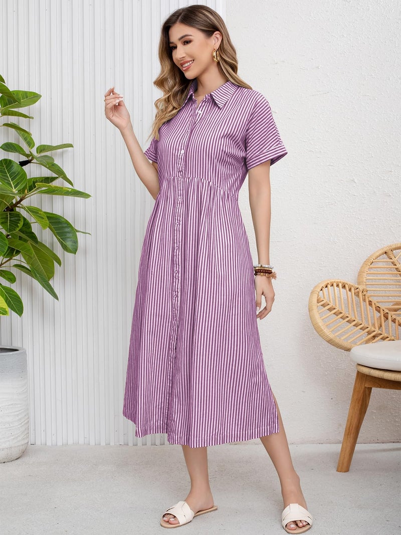 ebossy Women's Boho Striped Shirt Dress Button Up Side Slit Loose Mid Long Cotton Dress with Pockets (M, Purple) - Image 4