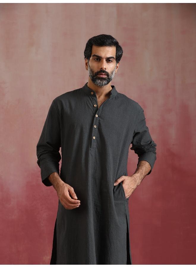 trueBrowns Men's Charcoal Grey Mandarin Collar Kurta  - Image 3