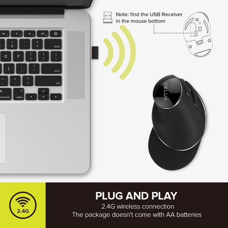 DeLUX Wired Ergonomic Mouse with 7200DPI, Vertical Mouse Large with 6 Programmble Buttons, Blue LED Light, On-Board Software and Removable Palm Rest for PC Computer Laptop(M618PU-Black) - Image 3
