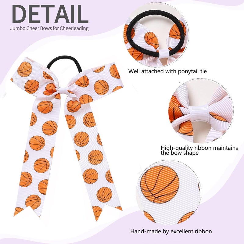 Hipcheer 20pcs Collegiate Style Basketball Cheer Bows for Girls, Long Tail Skinny Cheer Bow Ponytail Holder Handmade Bows for Girls Teens Softball Cheerleader Sports (Orange Basketball) - Image 2
