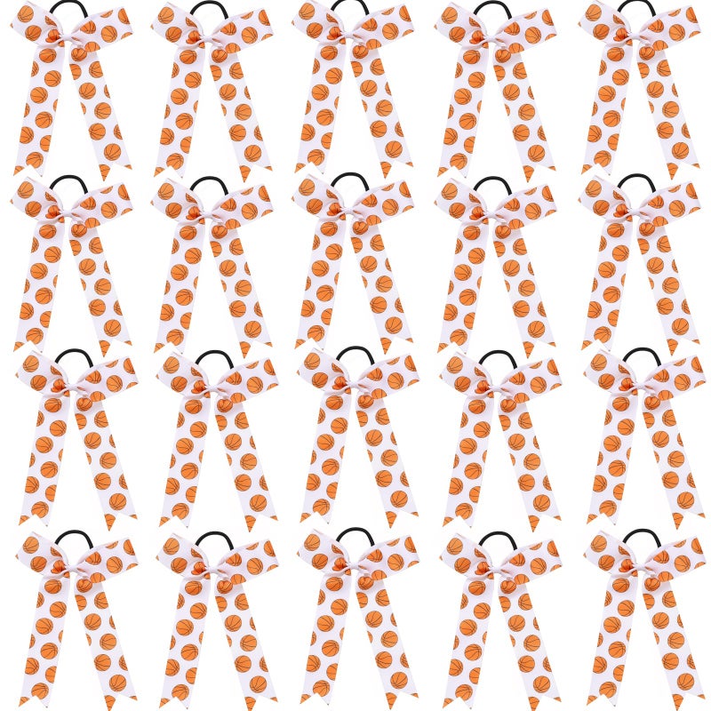Hipcheer 20pcs Collegiate Style Basketball Cheer Bows for Girls, Long Tail Skinny Cheer Bow Ponytail Holder Handmade Bows for Girls Teens Softball Cheerleader Sports (Orange Basketball) - Image 1