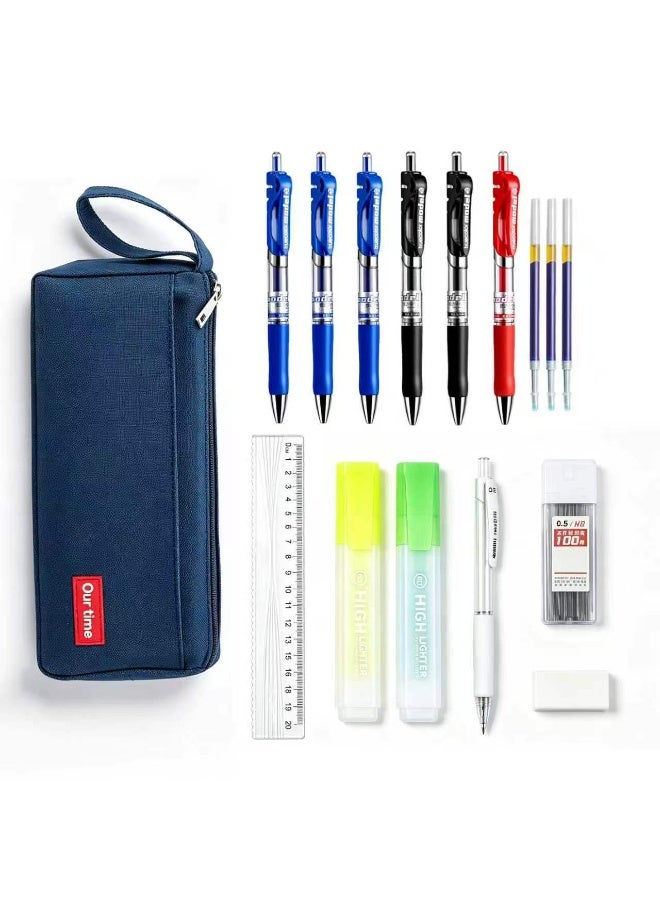 Stationery set: includes 1 simple and durable pencil case, 3 blue neutral pens (3 matching refills), 2 black neutral pens, 1 red neutral pen, 1 ruler, 2 highlighter pens, 1 automatic pencil (matching 1 box of 0.5HB refills), 1 eraser, suitable for daily use by male and female students in middle and high grades. One set can meet daily needs and is a gift for the back to school season - Image 1