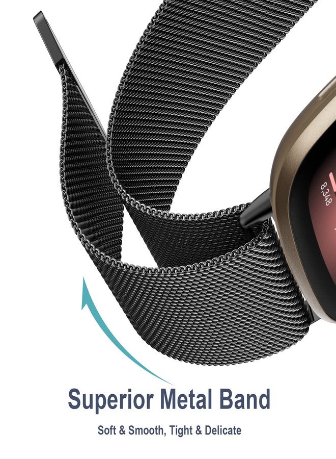 Vanjua Metal Band for Fitbit Sense 2 / Sense Bands, Fitbit Versa 4 / Versa 3 Bands Women Men, Stainless Steel Mesh Magnetic Replacement Bracelet Strap (Large, Black) - Image 3