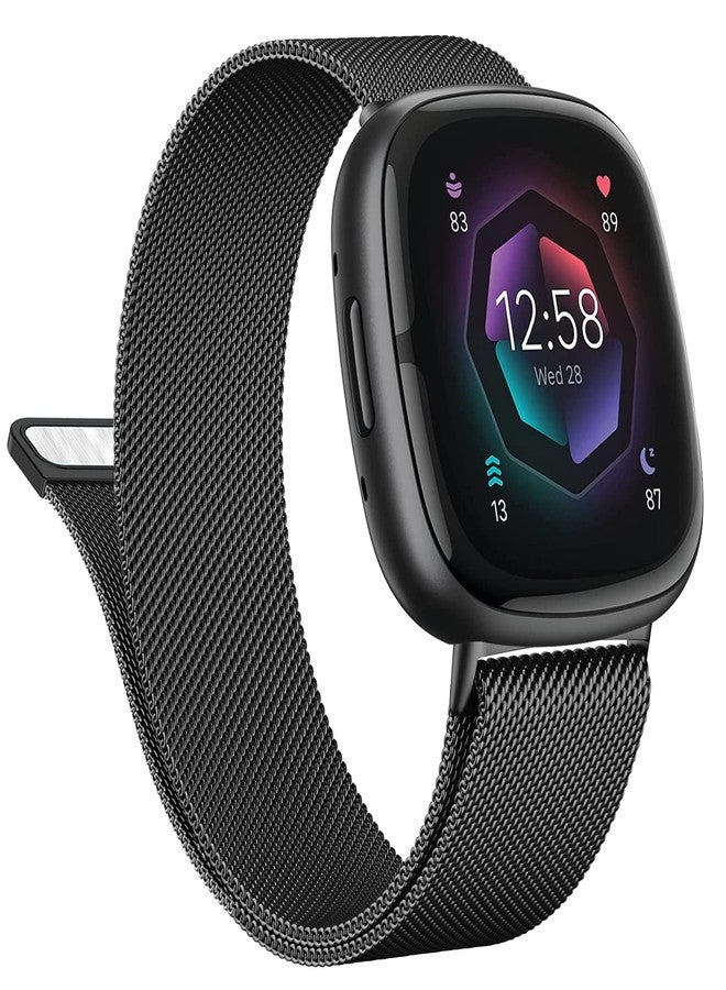 Vanjua Metal Band for Fitbit Sense 2 / Sense Bands, Fitbit Versa 4 / Versa 3 Bands Women Men, Stainless Steel Mesh Magnetic Replacement Bracelet Strap (Large, Black) - Image 1