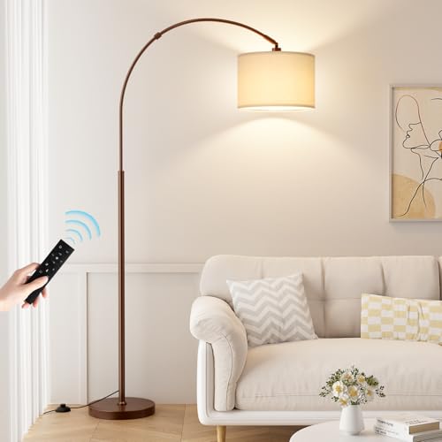 Ambimall Dimmable Arc Floor Lamp with Remote, Color Temperatures and Brightness Adjustable, Arched Floor Lamp with Rotating Head, Over Couch Arched Reading Light for Living Room (Deep Beige and Brown) - Image 1