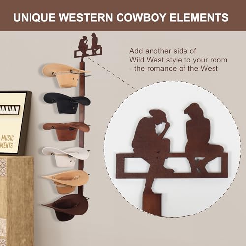 CANWUPON Cowboy Hat Rack Holder for Wall - Wild Western Style Design Hat Organizer with 6 Hat Hooks for Wall Mount, Hat Stand and Hanger for Storage and Organization (Cowboy Lover) - Image 2