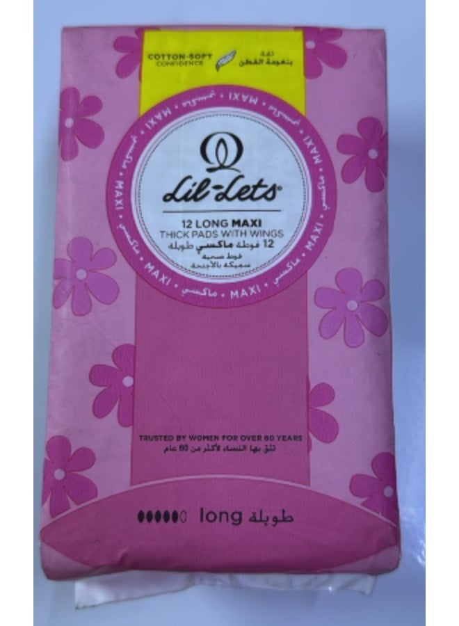 Lil-lets Maxi Thick Long Cotton Soft Sanitary Pads With Wings, Pack of 12's