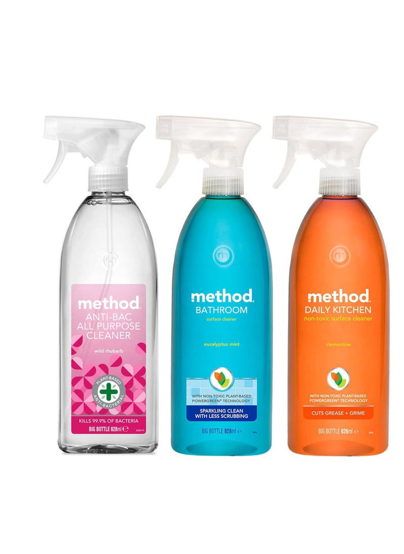 Method - Mixed Pack Spray 828ml Pack Of 3 - (Anti-Bac All Purpose Cleaner, Daily Kitchen Cleaner, Bathroom Surface Cleaner) - Image 1