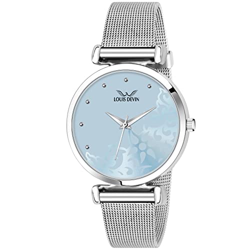 Louis Devin Blue Dial Silver Band Mesh Steel Chain Analog Stainless Steel Wrist Watch for Women | LD-L157-BLU-CH - Image 1