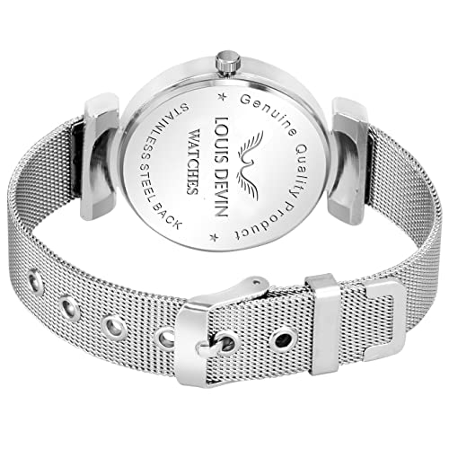 Louis Devin Blue Dial Silver Band Mesh Steel Chain Analog Stainless Steel Wrist Watch for Women | LD-L157-BLU-CH - Image 3