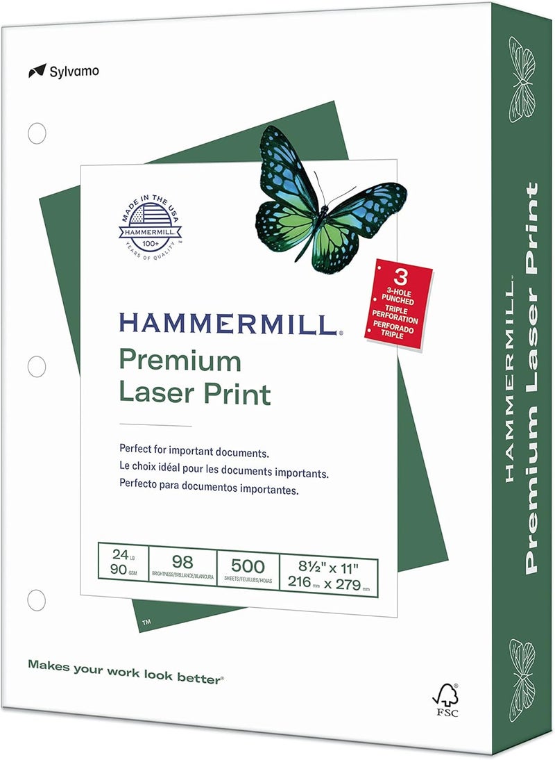 Hammermill Premium Laser Print Paper, 8.5 x 11 Letter Size, 3-Hole Punched, 24lb, 98 Brightness, 500 Sheets - Image 1