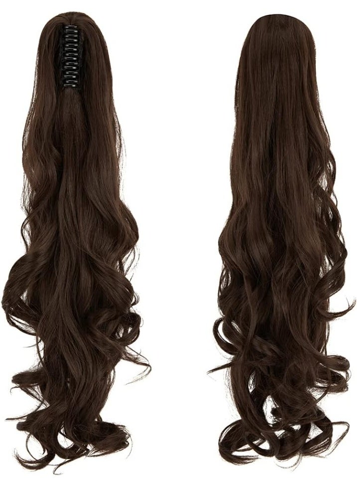 Long Short Hair Extension Cute Clip in on Ponytail Jaw/Claw Synthetic Straight Curly Hairpieces (24in, Medium Brown) - Image 4