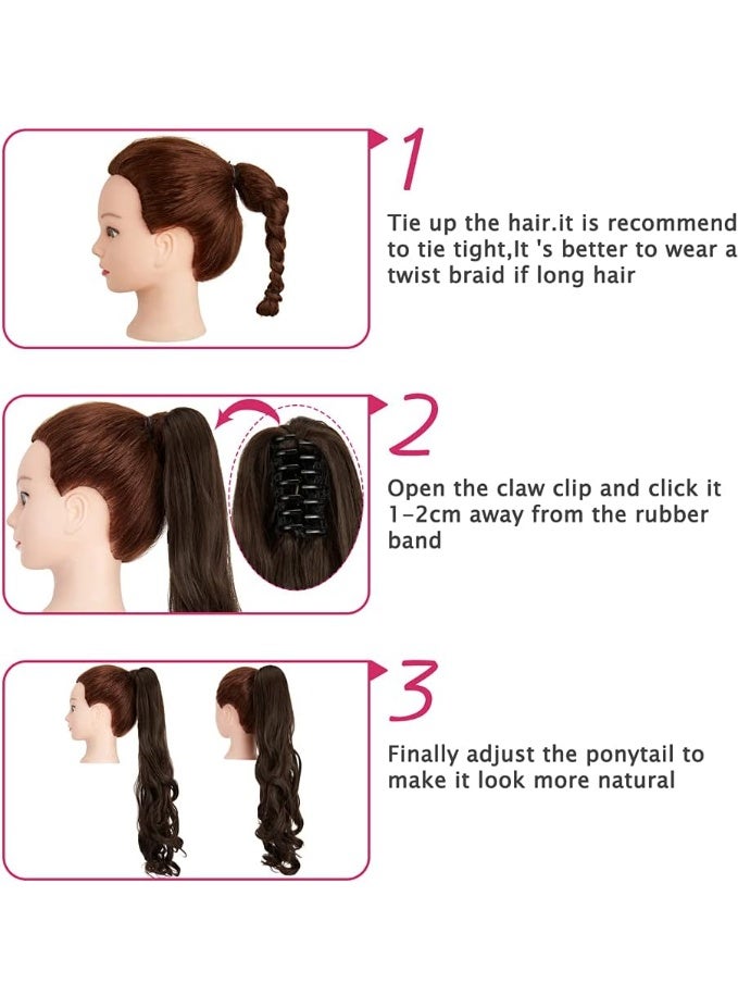 Long Short Hair Extension Cute Clip in on Ponytail Jaw/Claw Synthetic Straight Curly Hairpieces (24in, Medium Brown) - Image 3