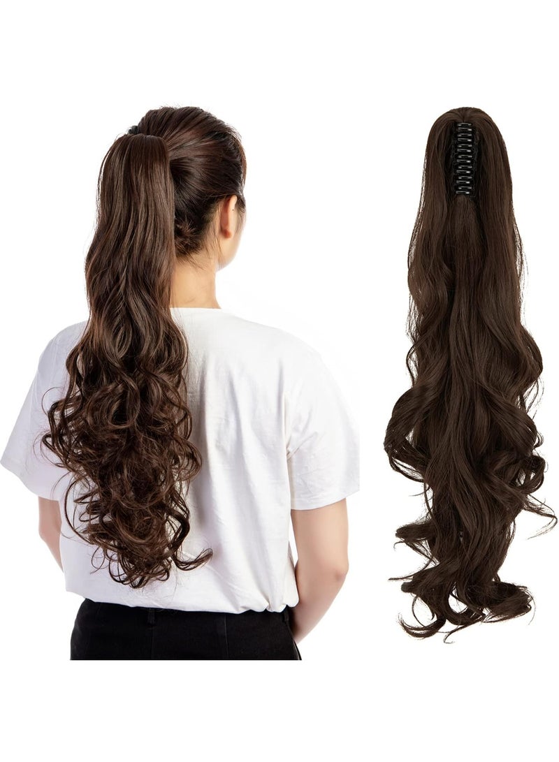 Long Short Hair Extension Cute Clip in on Ponytail Jaw/Claw Synthetic Straight Curly Hairpieces (24in, Medium Brown) - Image 1