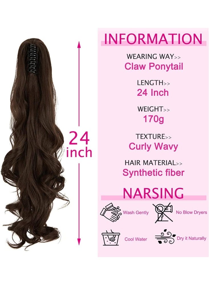 Long Short Hair Extension Cute Clip in on Ponytail Jaw/Claw Synthetic Straight Curly Hairpieces (24in, Medium Brown) - Image 2
