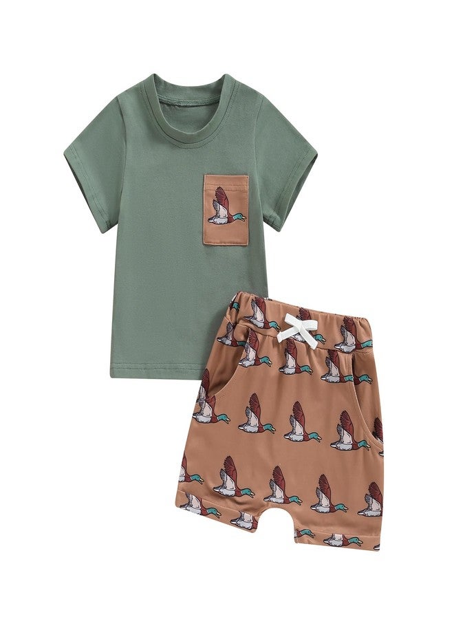 Rtnnsbbfcm Toddler Baby Boy Hunting Outfit Mallard Duck Print Short Sleeve Pocket T-shirt Top Shorts Set Summer Clothes (Green Khaki, 2-3T) - Image 1