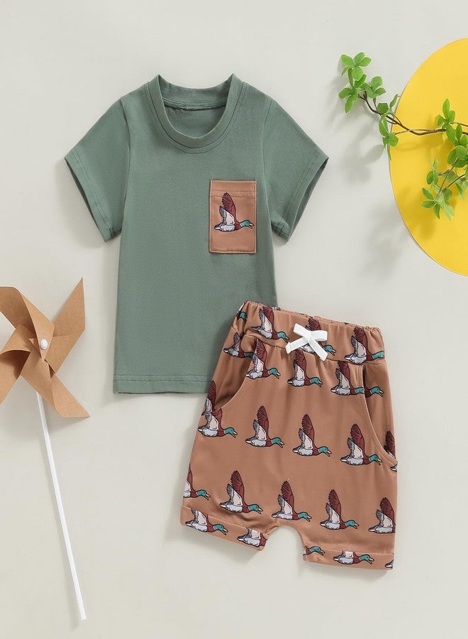Rtnnsbbfcm Toddler Baby Boy Hunting Outfit Mallard Duck Print Short Sleeve Pocket T-shirt Top Shorts Set Summer Clothes (Green Khaki, 2-3T) - Image 2