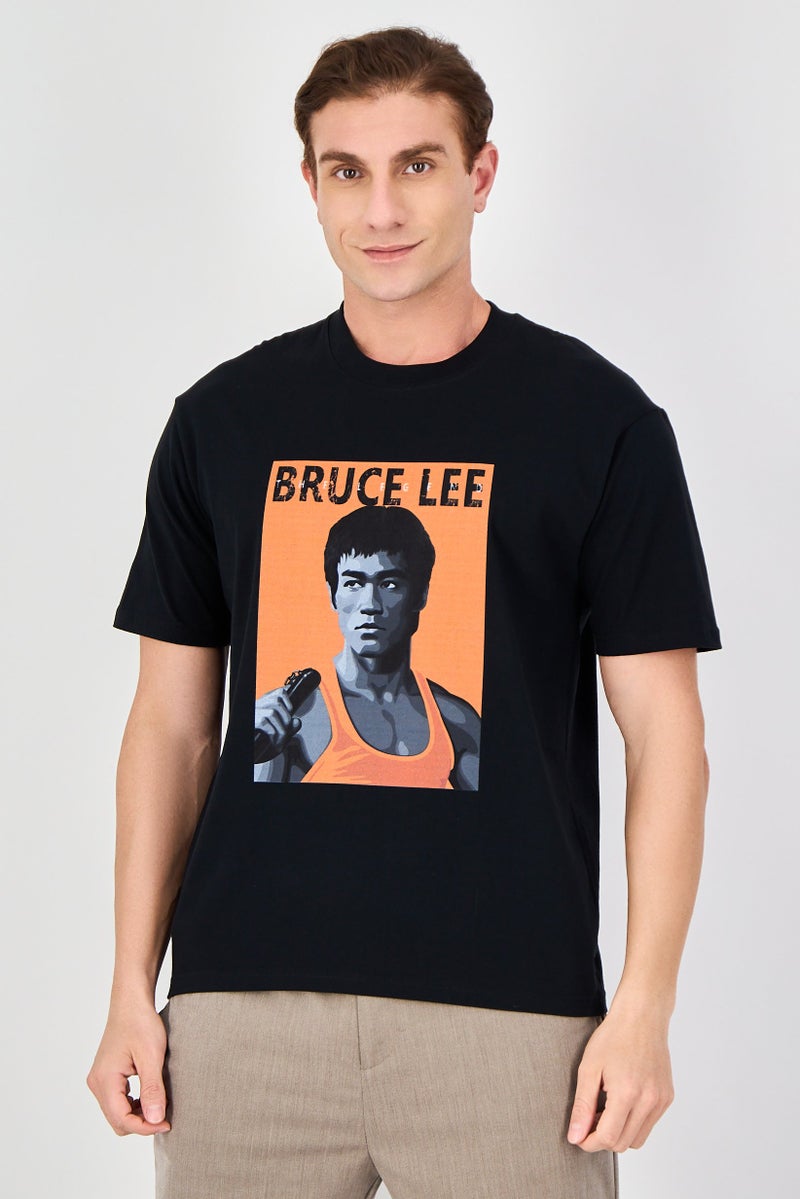 Bruce Lee Club Men Crew Neck Short Sleeve Graphic Print T-Shirt, Black - Image 1