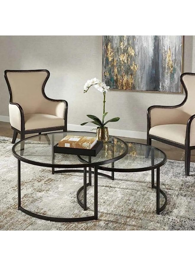 Hometaste Nesting Coffee Table Set With Metal Frame Glass Shelves And Stackable Design - Stylish Stacking Side Tables For Living Room Tea Time Black