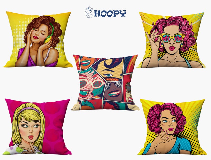 HOOPY Canvas Set of 5 Designer Decorative Throw Pillow/Cushion Covers (16 inch x 16 inch, Girly Print), Multicolor - Image 4