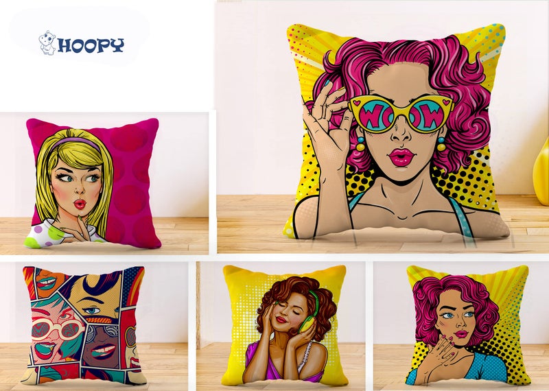 HOOPY Canvas Set of 5 Designer Decorative Throw Pillow/Cushion Covers (16 inch x 16 inch, Girly Print), Multicolor - Image 2